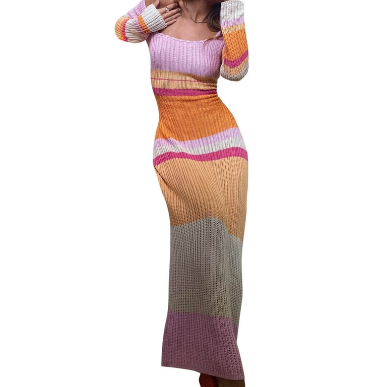 wybzd Women Crochet Knit Maxi Dress Y2K Cover up Low Cut Long Dress Long  Sleeve Striped Beach Dresses Pink Orange M