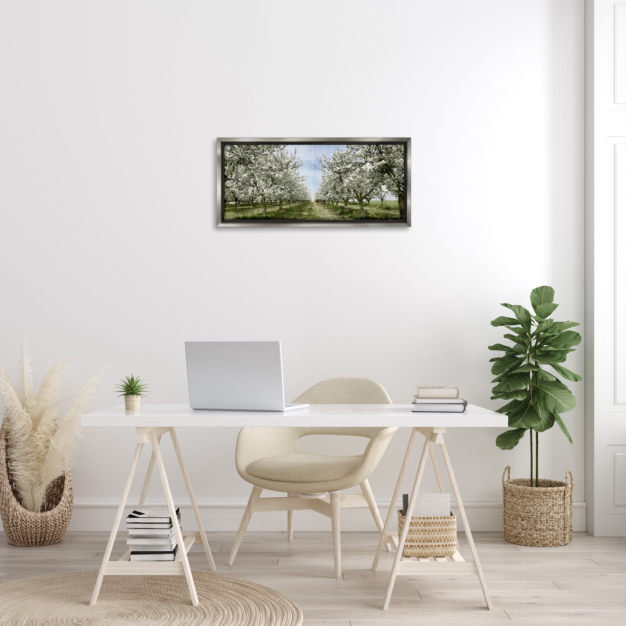 Stupell Industries Blooming White Tree Orchard Landscape Photography Gray Floater Framed Canvas Art Print Wall Art, 31 x 14