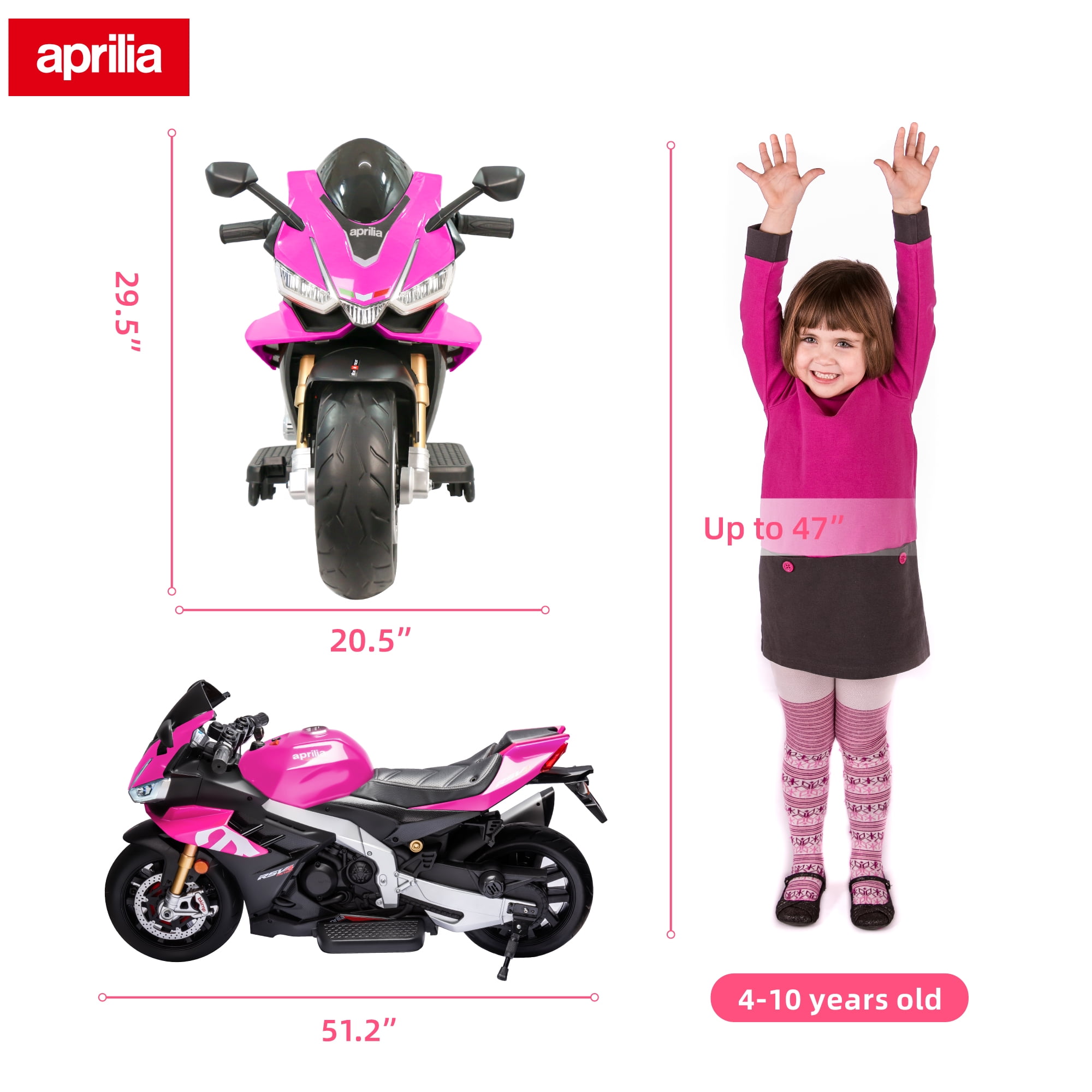 TCARAIWEN 24V Kids Motorcycle Electric Motorbike Aprilia Licensed Ride on Toy w/LED Lights Bluetooth Music Battery Powered 5MPH for Kids 3-11 Years Old,Pink