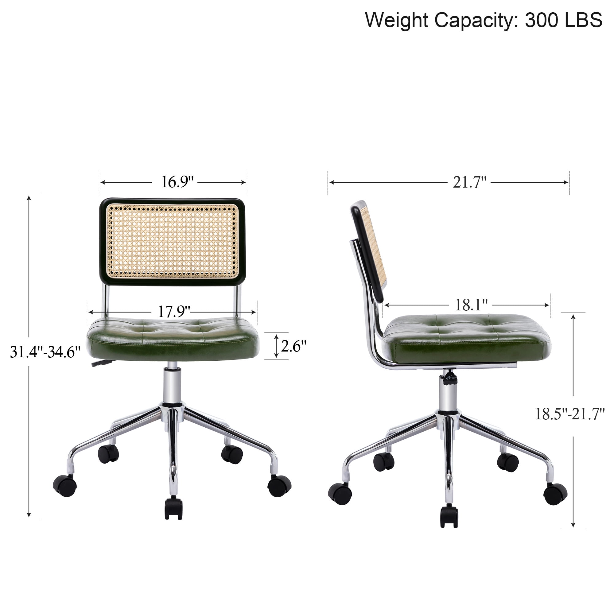 Zesthouse Mid Century Faux Leather Home Office Chair with Rattan Back, 360° Swivel Upholstered Desk Chair on Wheels, Tufted Computer Task Chair for Living Room & Office Room, Green