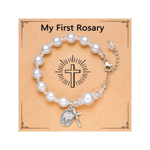 Rosary Bracelet Cross Pearl Bracelet for Girls Baptism Communion Catholic Confirmation Gifts for Granddaughter Daughter Niece