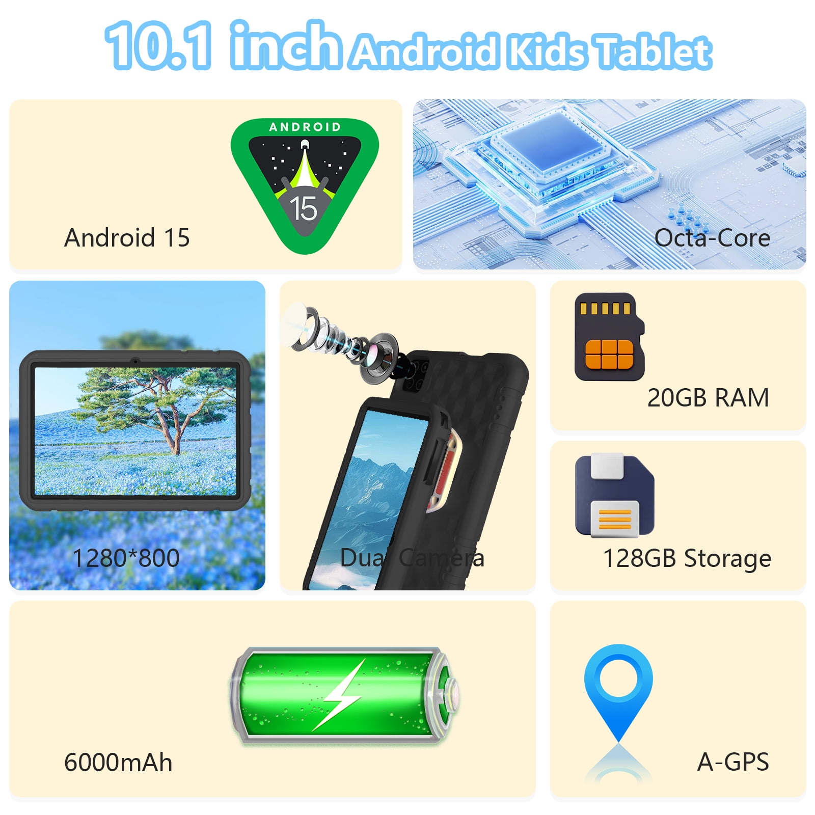 Android 15 Tablet, 10.1 inch Kids Tablet, Octa-core CPU, 20GB+128GB+1TB Expand Tablets for Kids with Kids Space, Parental Control, 6000mAh Big Battery, HD Touchscreen Display Tableta