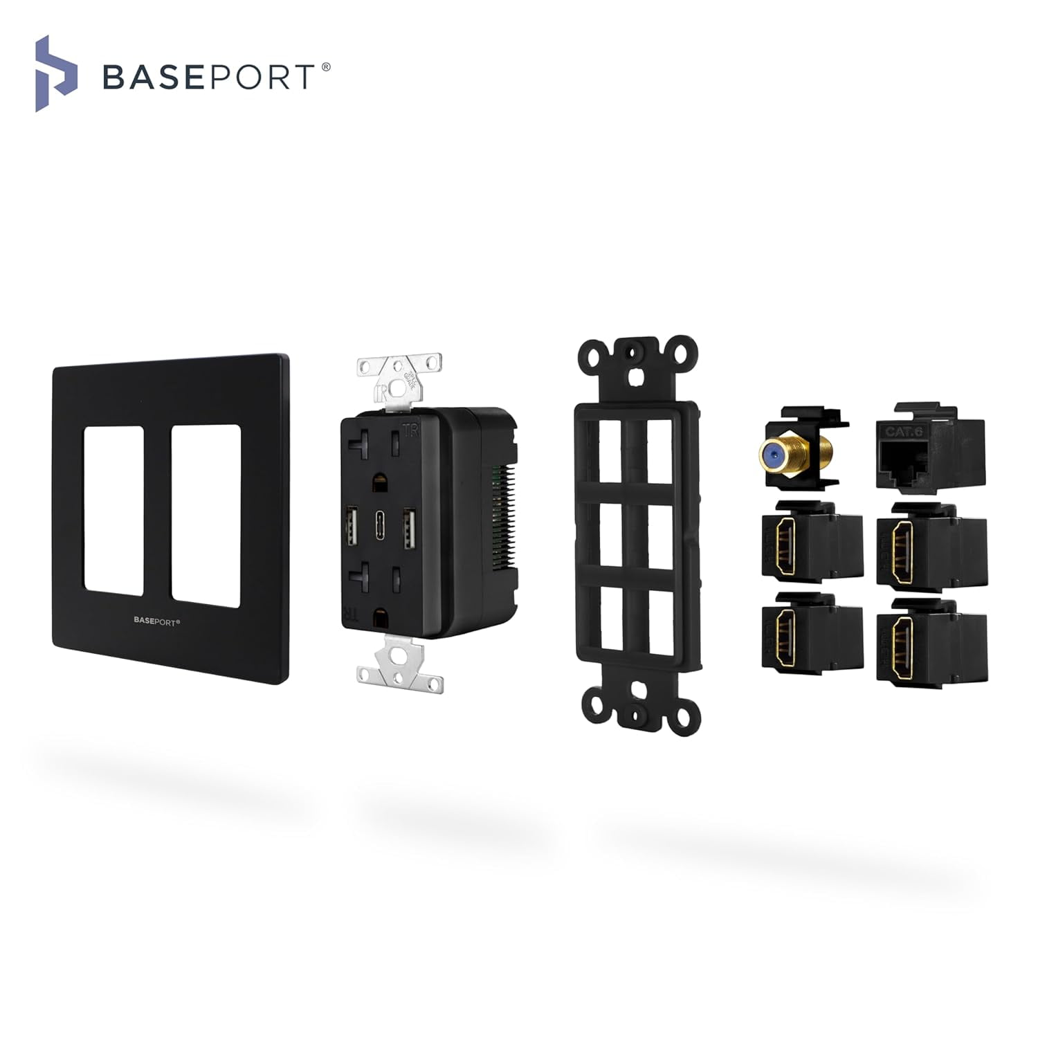 BASEPORT Media Wall Outlet with USB Ports, HDMI, Ethernet, Coax Cable Connector, Black Wall Plates