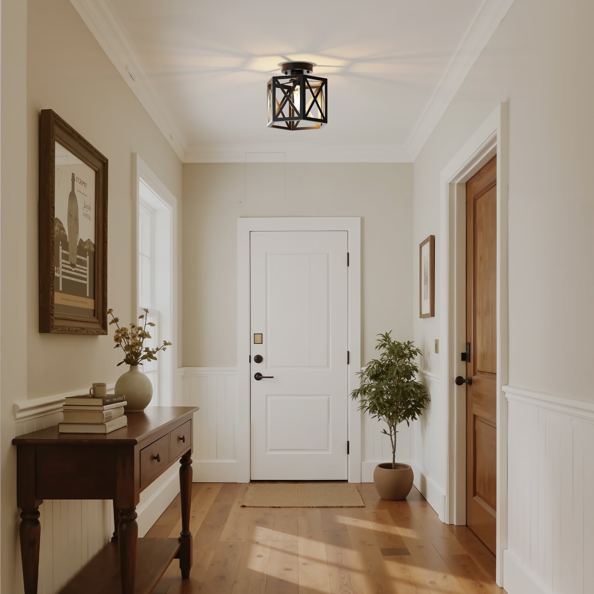 YANSUN Farmhouse Semi Flush Mount Ceiling Light, Industrial Black Hallway Light Fixture, Small Metal Cage Close to Ceiling Lights for Kitchen Living Room Porch Bedroom