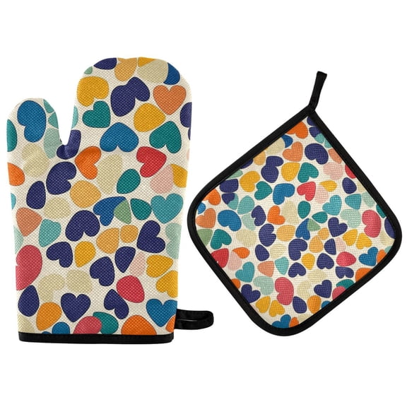 Yayeee Oven Mitts and Pot Holder Set of 2 Heat Resistant Kitchen Gloves Baking Hot Pad, Colorful Clover Pattern