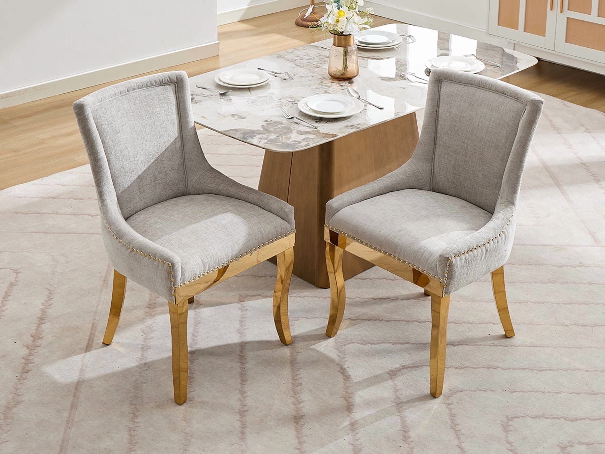 Dining Chairs Set of 8, Kitchen & Dining Room Chairs, Chenille Fabric Upholstered Dinning Chairs, Sillas De Comedor, Nailhead Trim, Metal Legs (Beige, 8 Pcs)