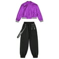 thumbnail image 3 of YiZYiF Girls Metallic Long Sleeve Zipper Front Jacket with Chain Pocket Sweatpants for Hip Hop Jazz Dance Performance Purple&Black 16, 3 of 7