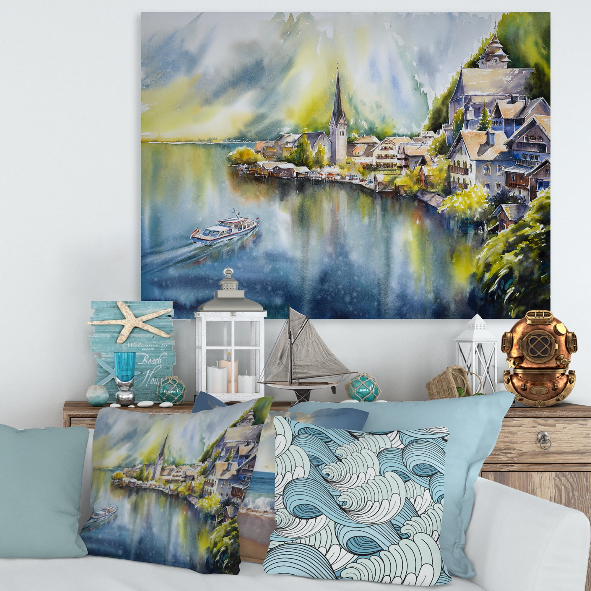 Designart ' The River In Austria Through Mountain Village ' Nautical & Coastal Canvas Wall Art Print