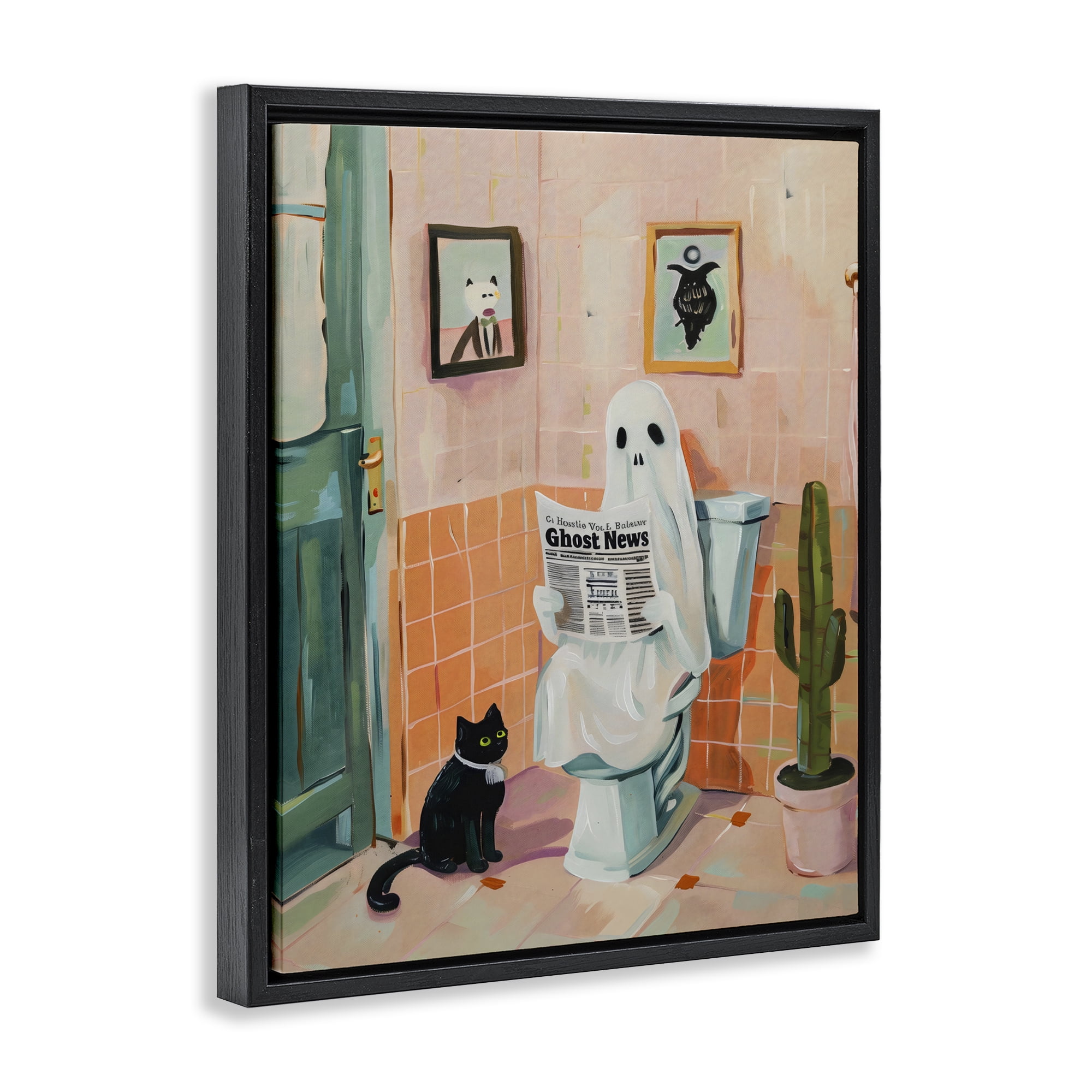 Stupell Industries Ghost Reading Newspaper Black Framed Floater Canvas Wall Art, design by The Prints Vibe