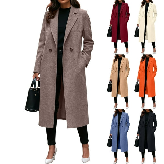 Winter Coats for Women,Notch Lapel Double Breasted Wool Blend Mid Long Pea Trench Coat Camel L