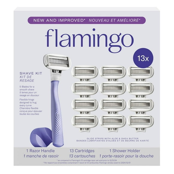 Flamingo Razors for Women, 1 Women's Razor Handle (Lilac), 13 Razor Five-Blade Refills, and 1 Shower Holder