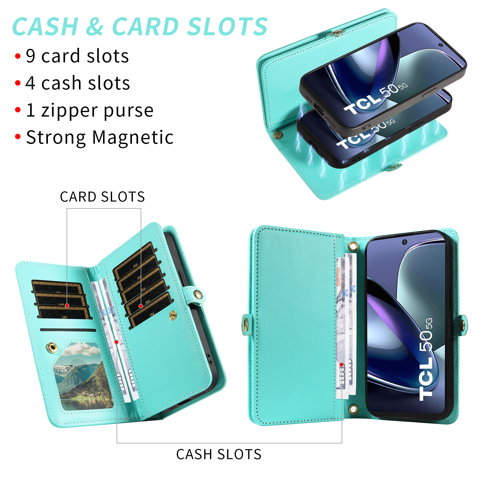 Asuwish Phone Case for TCL 50 5G/50 XE NXTPAPER/50 XE 5G Zipper Wallet Detachable Cell Cover with Tempered Glass Screen Protector Crossbody Lanyard Strap Glitter Flip Card Holder Slot Women Green
