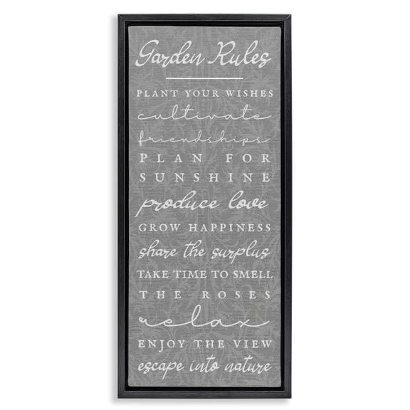 Stupell Industries Comforting Garden Rules Quotes and Sayings Painting Black Floater Framed Canvas Art Print Wall Art, 11 x 25