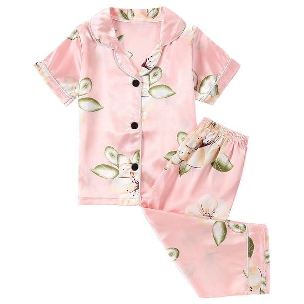Odeerbi 1-8 Años Niños Niñas Pijama de Verano de Satén Con Solapa de Muesca Camisas de Manga Corta Pantalones Conjunto de Pijama Con Estampado Floral Suave