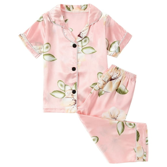 Odeerbi 1-8 Años Niños Niñas Pijama de Verano de Satén Con Solapa de Muesca Camisas de Manga Corta Pantalones Conjunto de Pijama Con Estampado Floral Suave