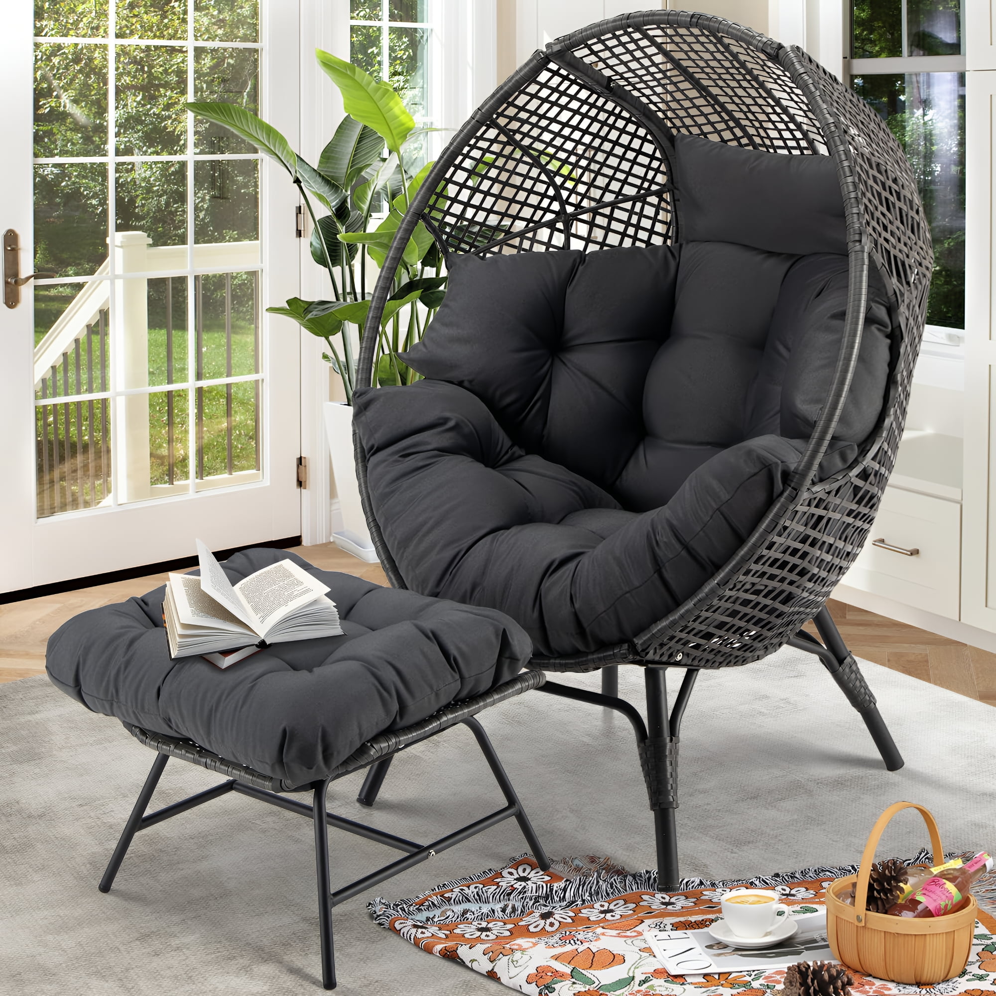 NICESOUL Boho Rattan Egg Chair with Cushion and Footrest for