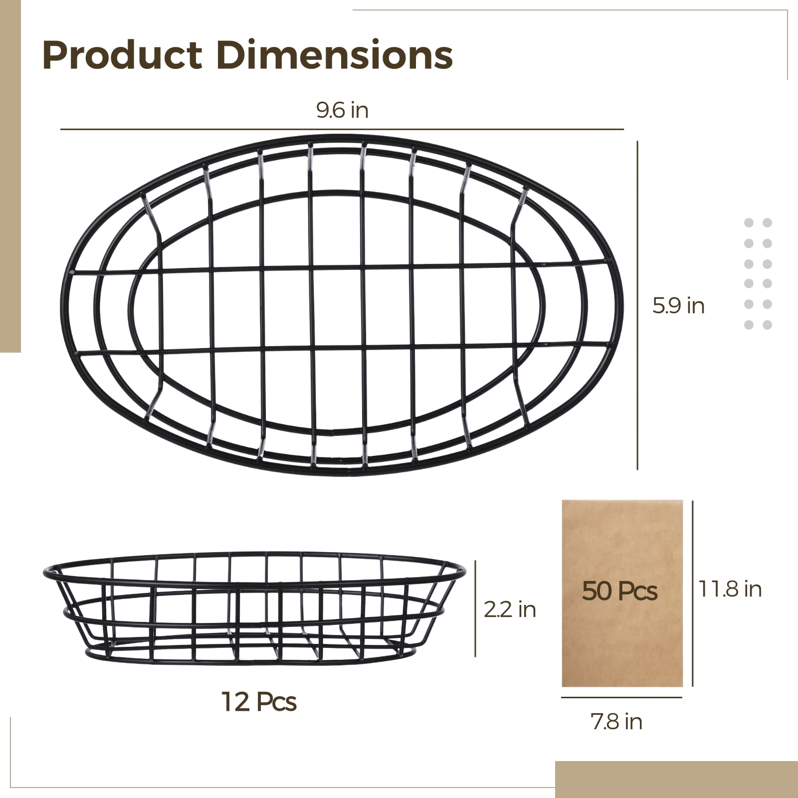 Fast Food Baskets, 12 Pcs Multi-purpose Metal Bread Fruit Serving Baskets with 50 Sheets Papers, Black