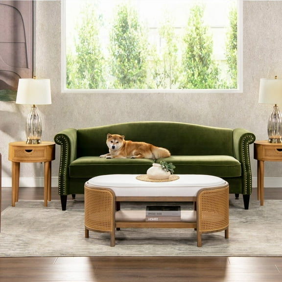 Modern Small Space Sofa - 77" Camel Back in Olive Green Performance Velvet