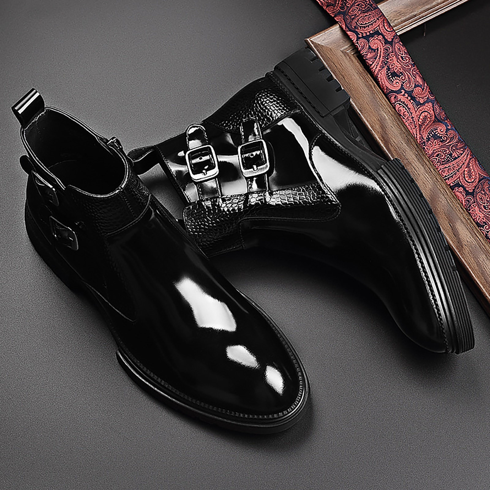Mens Faux Patent Leather Tuxedo Dress Shoes Shiny Leather Boots For Men ...