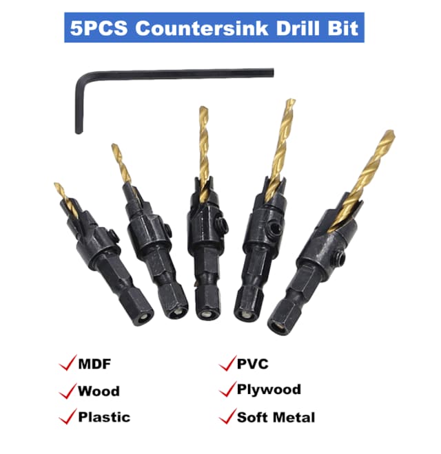 5Pcs Countersink Drill Bit Set 1/4'' Hex Shank HSS Woodworking Pilot Screw Holes 