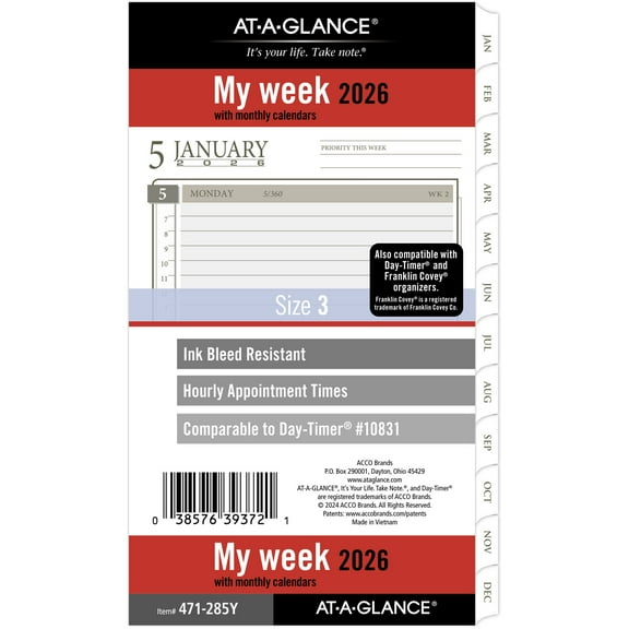 AT-A-GLANCE 2026 Weekly Monthly Planner Refill Loose-Leaf Portable Size 3 34 x 6