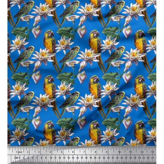 Soimoi Cotton Poplin Fabric Macaw Parrot,Leaves & Waterlily Floral Printed Fabric 1 Yard 56 Inch Wide