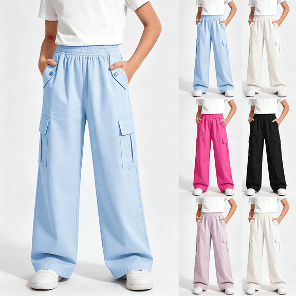 NEBWOAK Girls Cargo Pants, Kids Wide Leg Pull-On with Pockets,Blue, Size 5-6Y