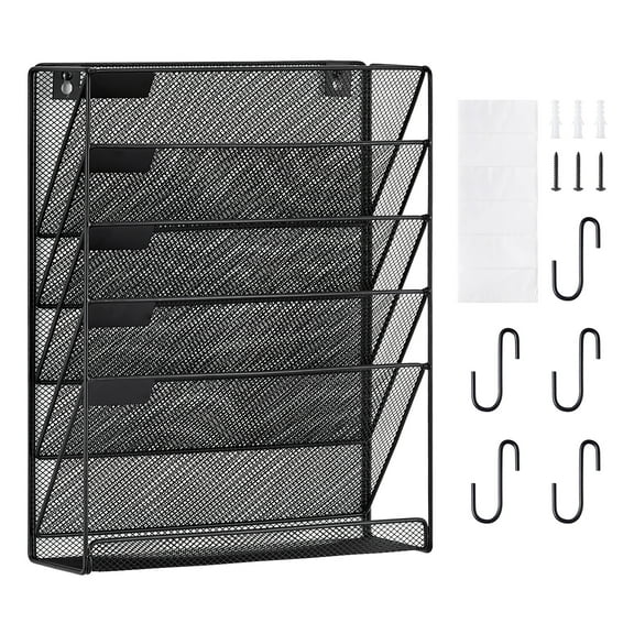 VEVOR File Wall Rack, One-Piece 6 Pockets Mesh Wall File Holder, Wall Mounted Magazine Mail Paper & Document Storage Folder, Metal Wall File Organizer with Nametag Label, for Office Home & School