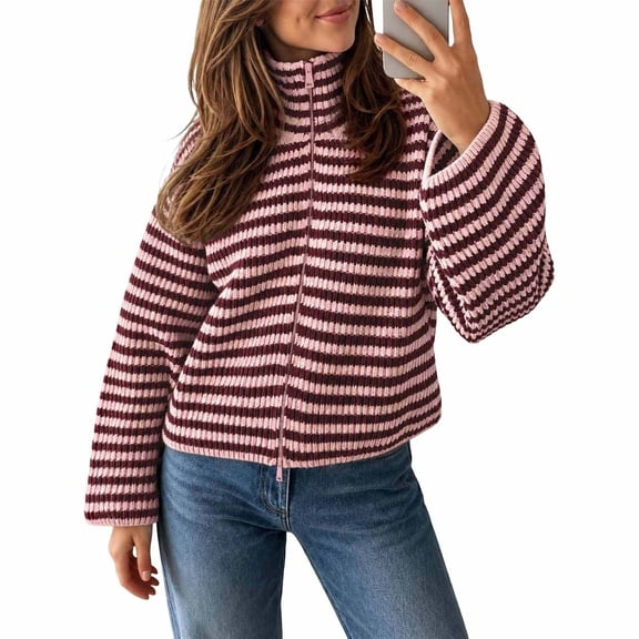 Venzia Women Striped Full‑Zip Cropped Sweater, Stand Collar Ribbed Knit Zip‑Up Cardigan Jacket