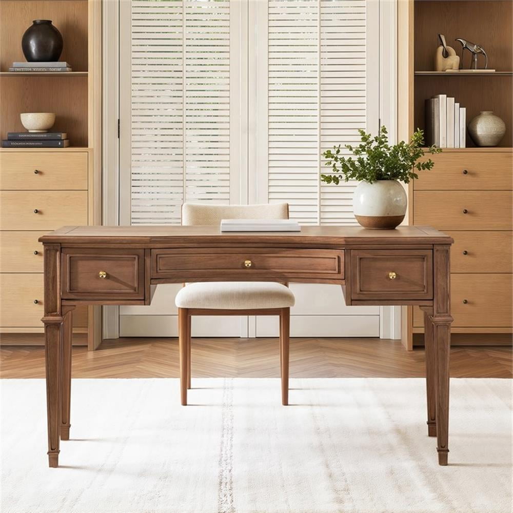 Scranton & Co 55" 3-Drawer Wood Executive Desk in Brown Rubber Wood & Veneer