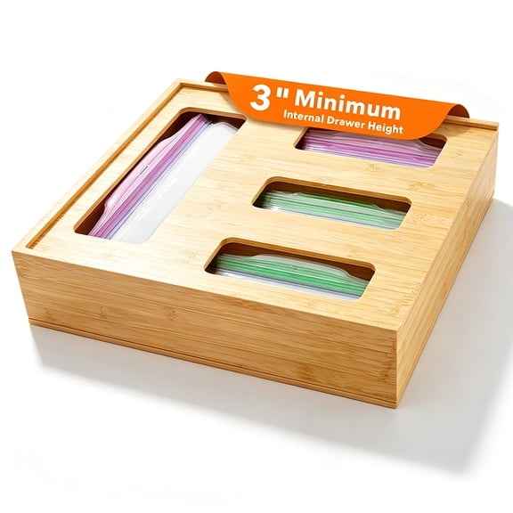 PLUMEBAY Bamboo Drawer Bag Organizer, Quick-Refill Storage Dispenser Fits Half Gallon, Quart & Snack Bags, Natural