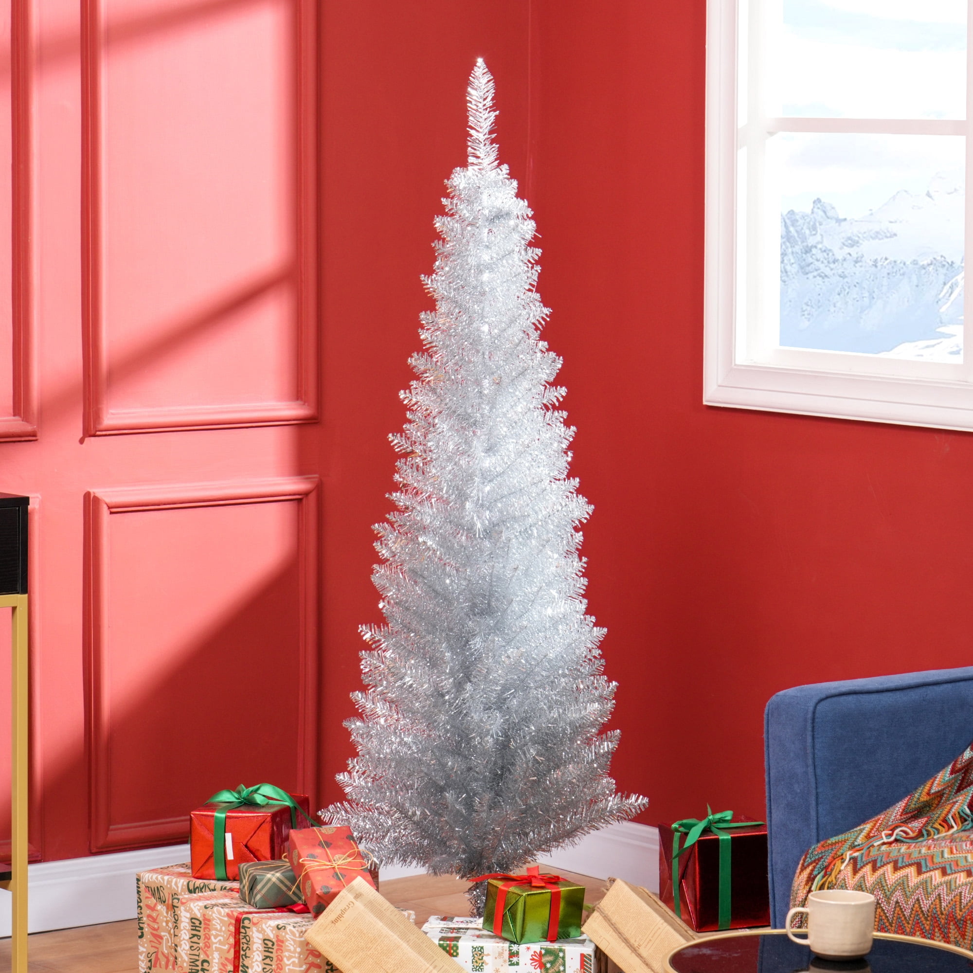 5' Artificial Pencil Christmas Tree, Slim Xmas Tree with 294 Realistic Branch Tips and Plastic Stand, Silver