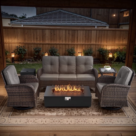 POCASSY 5PCS Outdoor Patio Furniture Set with Fire Pit Table, Brown Wicker Patio Furniture Couch Outdoor Swivel Chair and 43" Propane Firepit Table