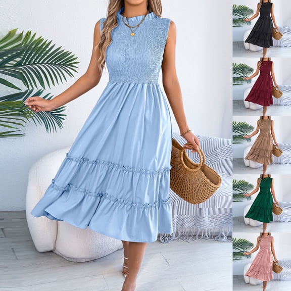 FRSASU Women's Casual Loose Midi Sundress Plain Smocked Sleeveless Frill Neck Spring Summer Flowy Ruffle Long Dresses Wine