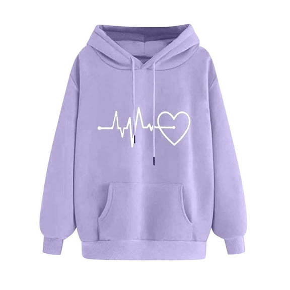 Oalirro Drawstring Hoodies for Women Lightweight Long Sleeve Heart Print Sweatshirt Valentine's Day Top for Spring, Purple