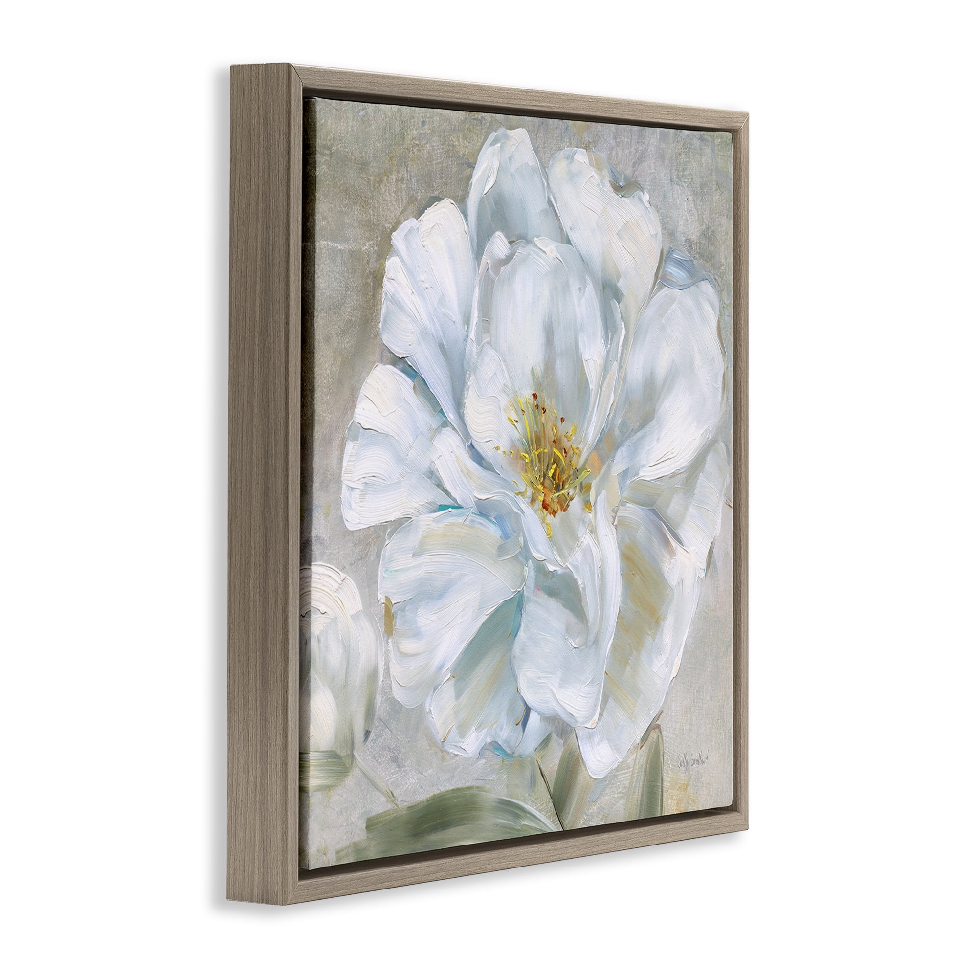 Stupell Industries Close Up White Bloom Plants & Flowers Painting Brown Floater Framed Canvas Art Print Wall Art, 18 x 18