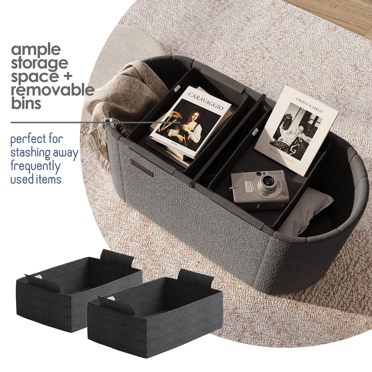 Hearth & Harbor Oval Storage Ottoman Bench, Boucle 30" Ottoman with Storage , Grey