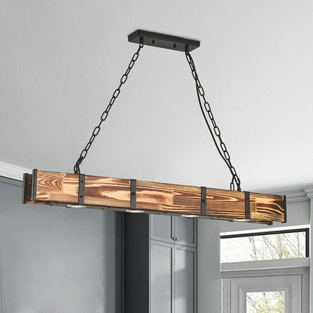 

4 Light Solid Wood Farmhouse Chandelier Kitchen Celling Light Fixture，Adjust Height Pendant Light，Built-in Light Source