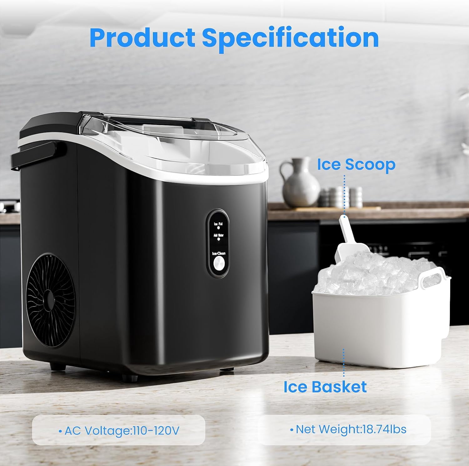 FREE VILLAGE Nugget Ice Makers Countertop,Portable Ice Maker Machine with Self-Cleaning,35lbs/24H,Crushed Ice Machine with Handle & Scoop for Home,Kitchen,Office and Camping - Black