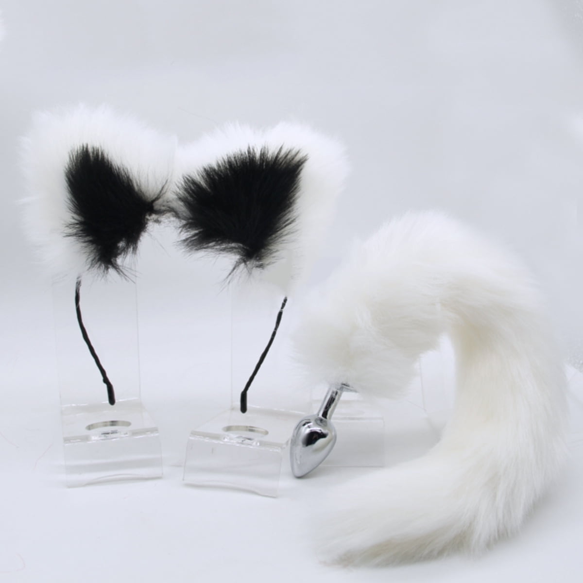 Anal Plug 2 Piece Set Butt Plug Tail Hair Hoop Sex ToysWhite