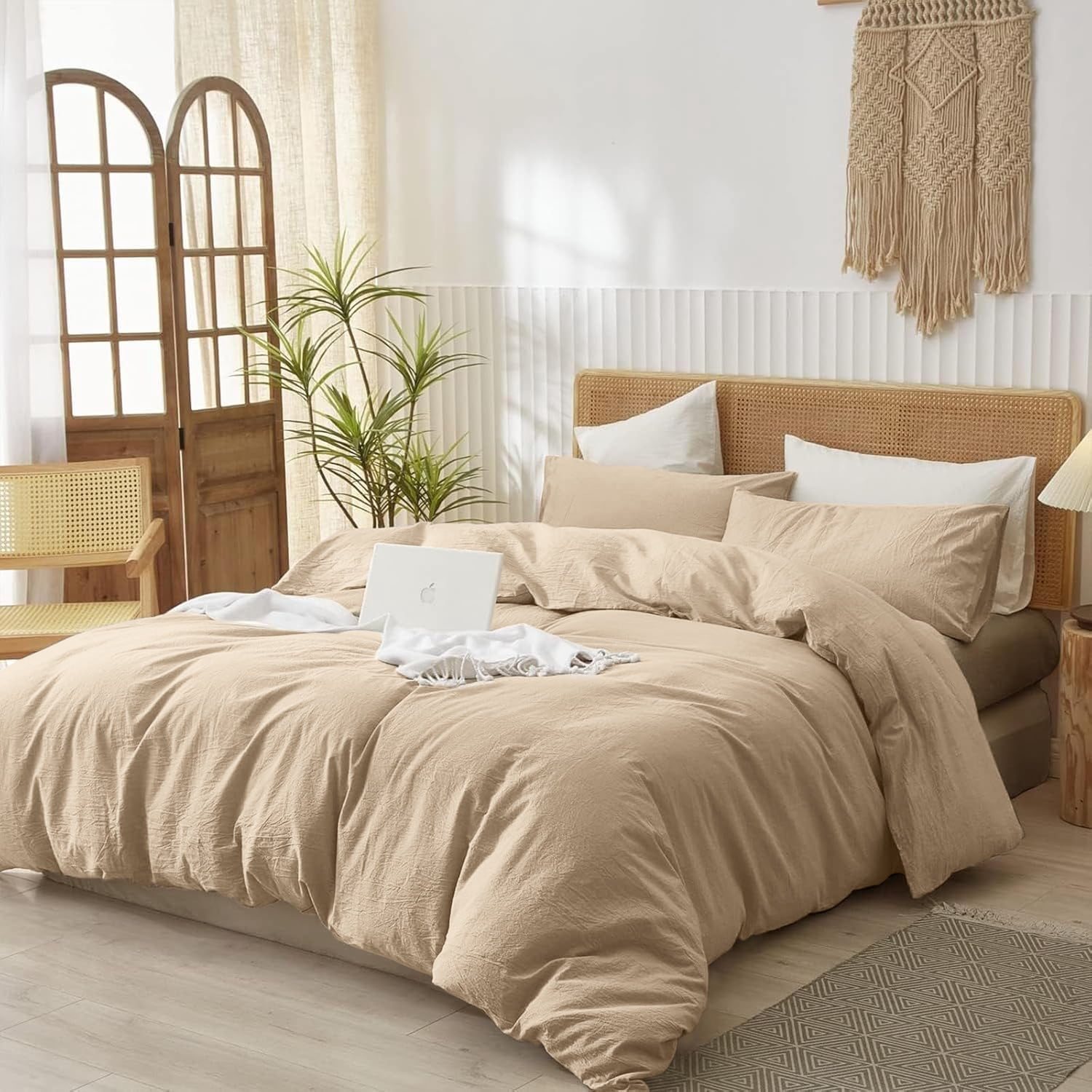 JOLUSERE 100% Organic Yarn-Dyed Cotton Duvet Cover King Set, 3 Pieces Cotton Bedding Duvet Cover,Ultra Soft & Fade Resistant,Khaki