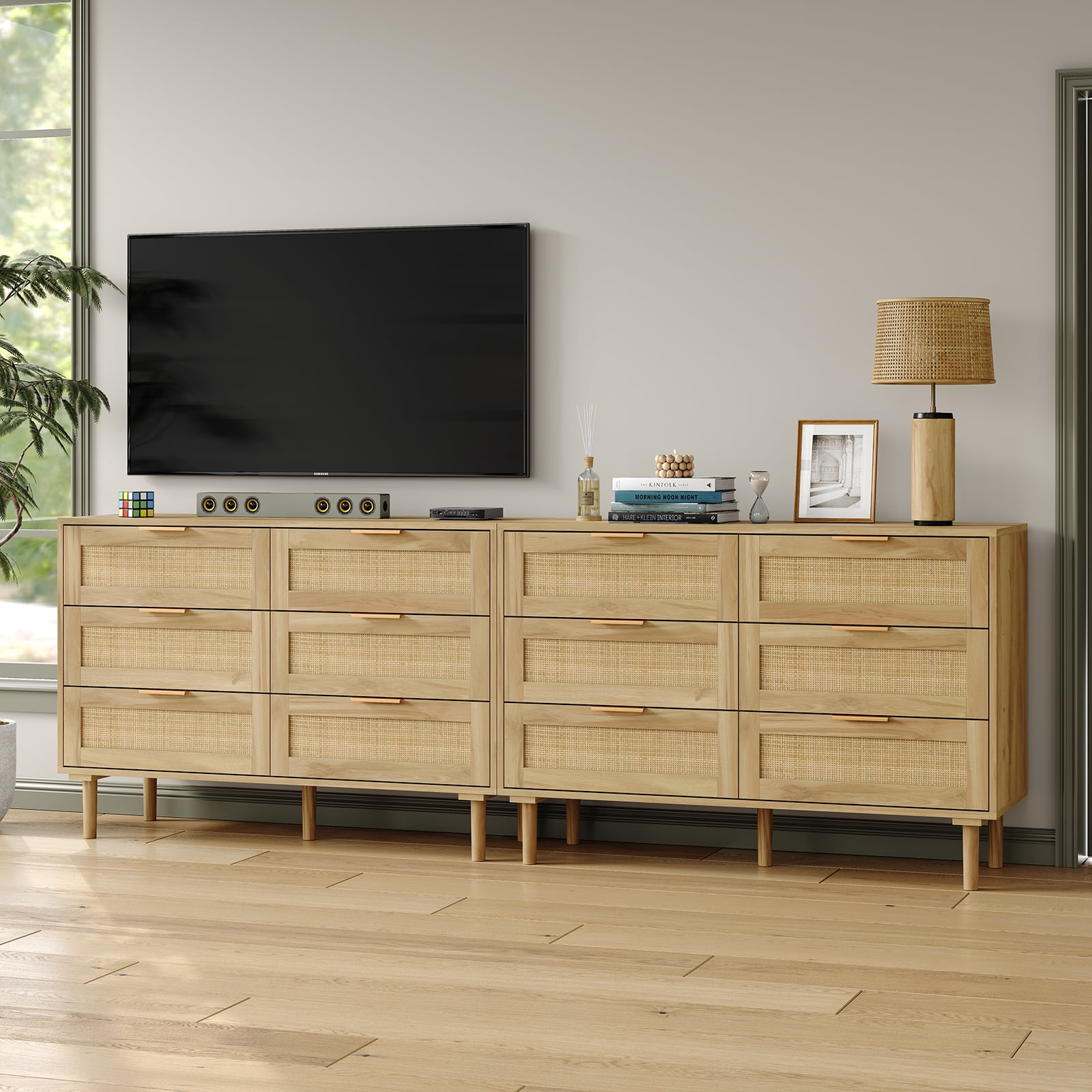 Furnihold Rattan Dresser for Bedroom Natural Wood Dresser 6 Drawer Dresser for Closet Beside Table for Bedroom, Living Room