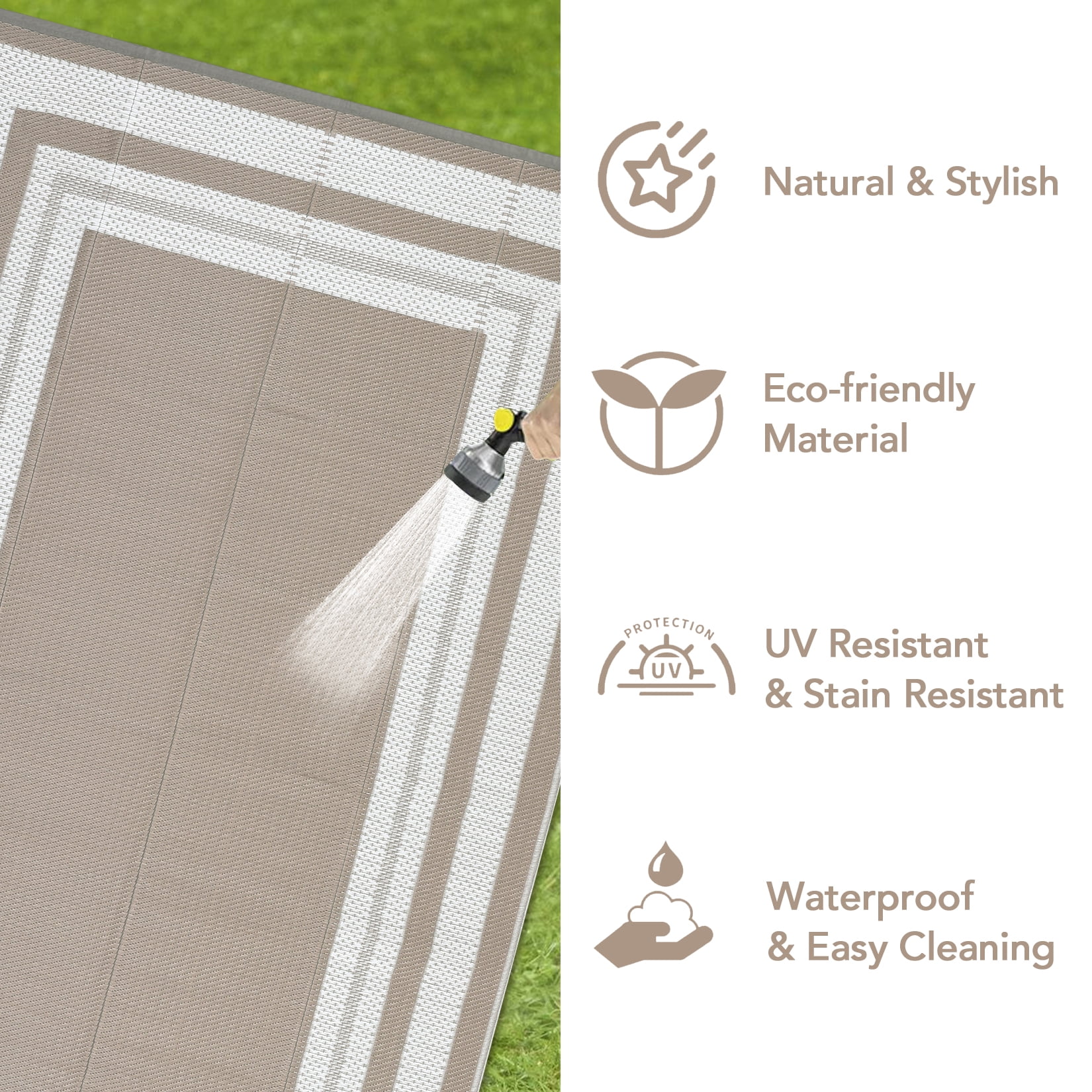 GlowSol 9'x12' Outdoor Rug Plastic Patio Rug Plastic Straw Waterproof Rug Modern Bordered Reversible Camper Rug for RV Backyard Deck Picnic Beach, Gray Coffee