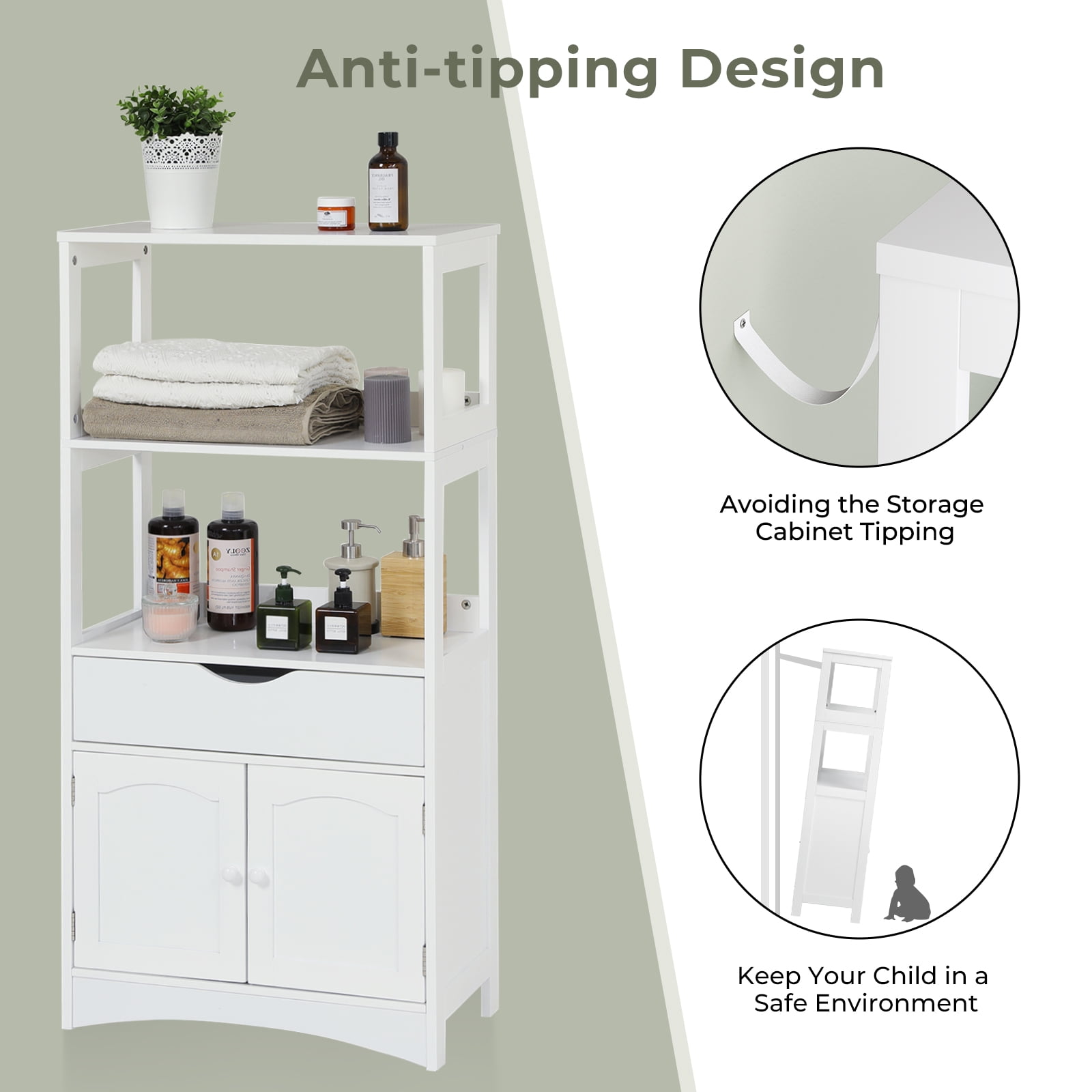 Kitchen Pantry Storage Cabinet with Microwave Stand&Drawer, Modern Sideboard Storage Cabinet with 2 Open Shelves, Tall Display Unit/Freestanding Floor Bathroom Cabinet for Bedroom Living Room, White