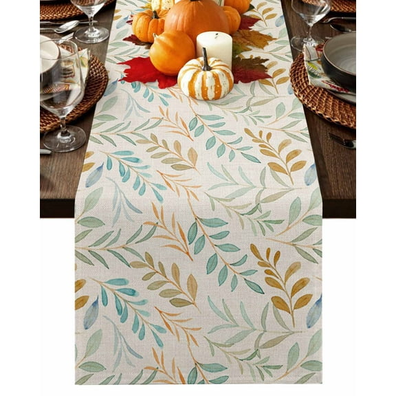 Orange Blue Green Fall Leaf Table Runner-Cotton Linen- 72 Inch Holiday Dresser Scarves, Rustic Rural Botanical Plant Tablerunner for Kitchen Coffee/Dining Bedroom Living Room Dinner Scarf Décor 18x72