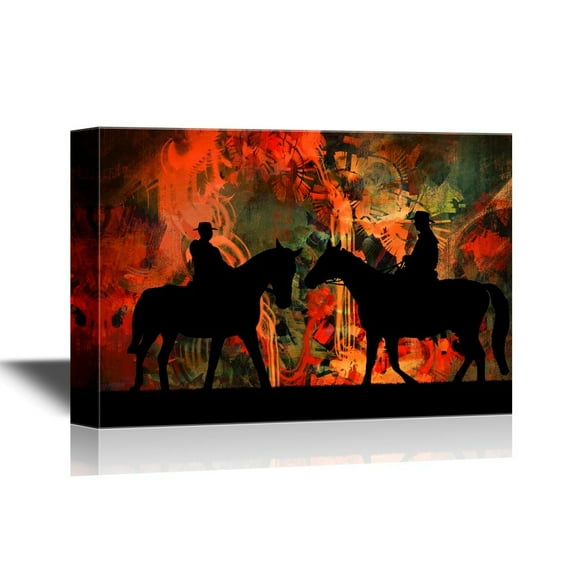 wall26 - Cowboy Canvas Wall Art - Silhouette Cowboys with Horses in The Sunset - Gallery Wrap Modern Home Art | Ready to Hang - 12x18 inches