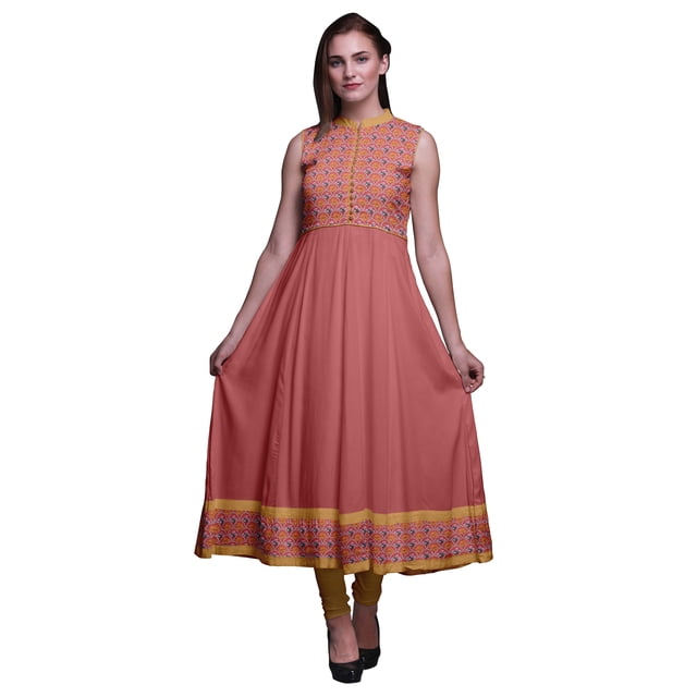 Bimba Kurtis Indiennes en Damas Pêche Foncée pour Femmes, Anarkali Prête à Porter Unie, Robe Imprimée Kurti Indienne Grande