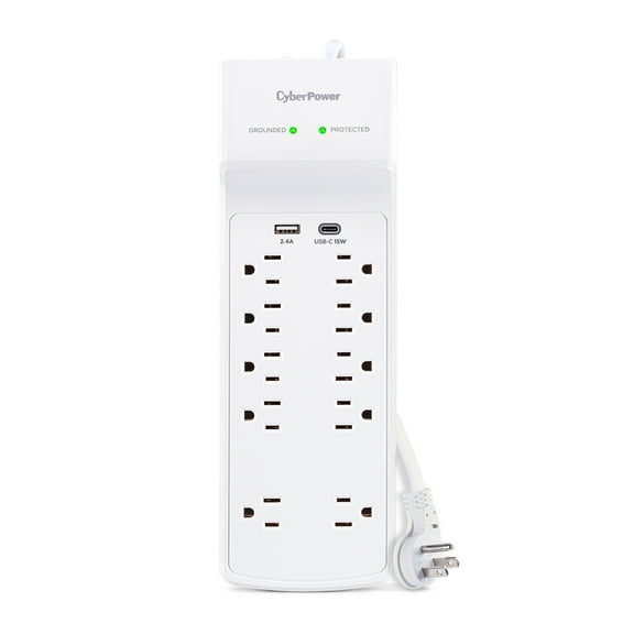 CyberPower P1004UC - 3600 J White Surge Protector Power Strip, 1 USB-A and 1 USB-C Port, 10 Outlets, 4 ft Extension Cord