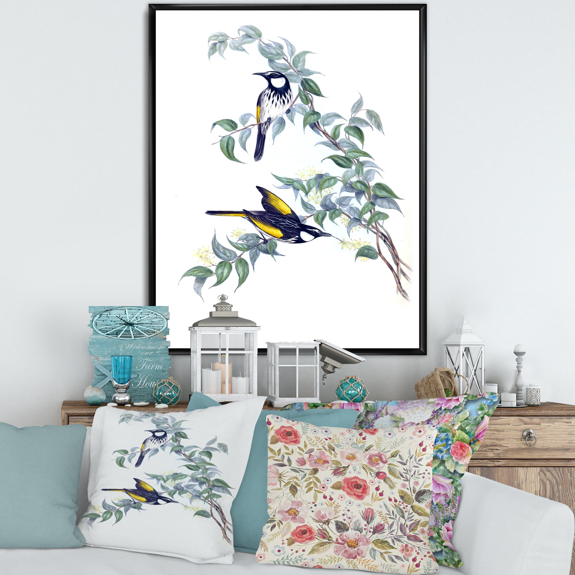 Designart 'Ancient Australian Birds On A Branch' Traditional Framed Canvas Wall Art Print