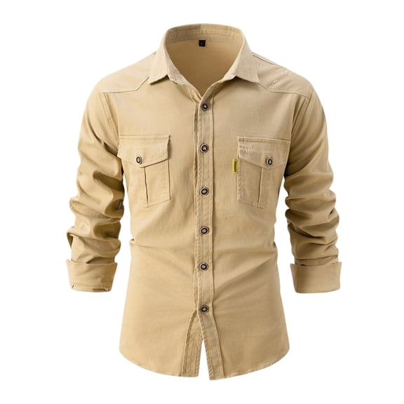 Men's High Quality Cargo Shirts Long Sleeve Buttons Blouses Lapel V Neck Tops Two Front Pocket Ultra Cotton Mens Blouses Khaki,XL